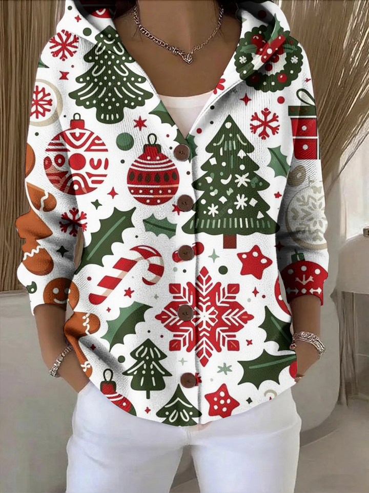 Elegant and comfortable hooded cardigan with holiday patterns, perfect for everyday wear