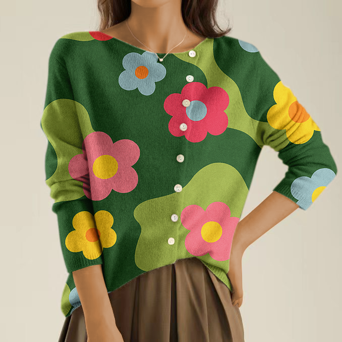 Elegant and Comfortable Green Sweater with Floral Pattern and Irregular Buttons