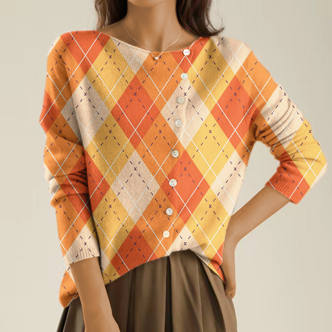 Elegant and Comfortable Orange Check Sweater with Irregular Buttons