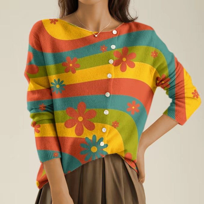 Elegant and Cozy Sweater with Multicolored Floral Pattern and Irregular Buttons
