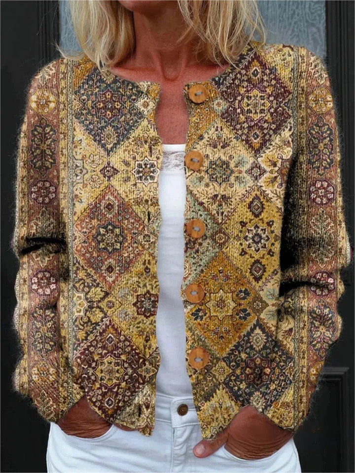 Elegant and Comfortable Light Brown Cardigan with Irregular Geometric Floral Pattern