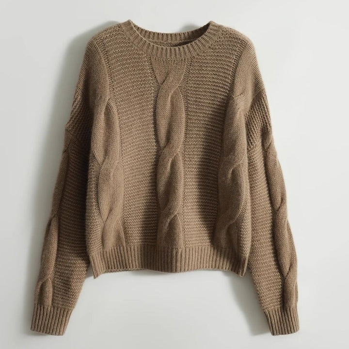 Solid color cashmere sweater with a round neckline, elegant and comfortable