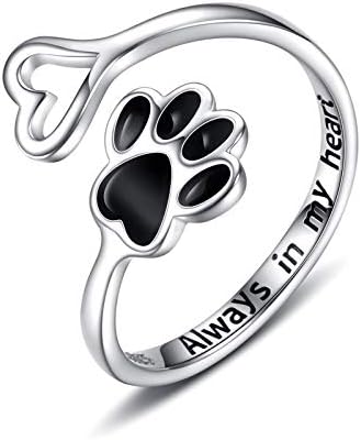Adjustable 925 Sterling Silver Ring with Paw Print and Artisan Heart
