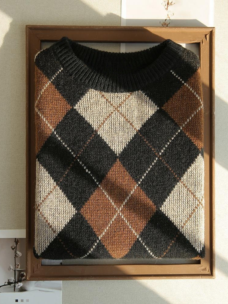 Cashmere Check Sweater with Round Neck