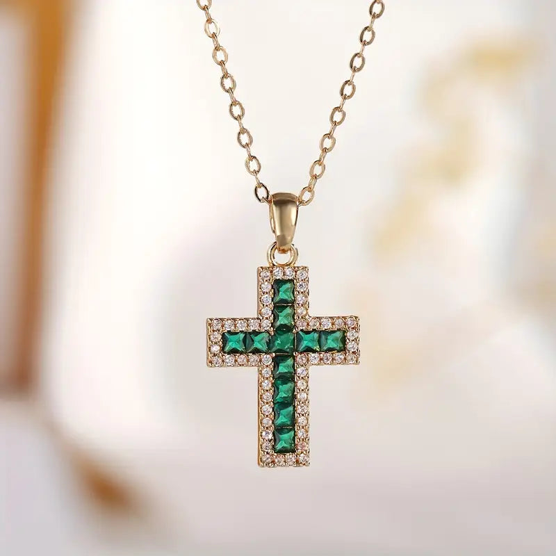 Solene Emerald Cross Pendant Necklace Gold