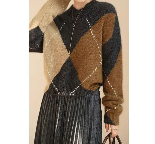 Cashmere Sweater with Round Neck in Geometric Pattern