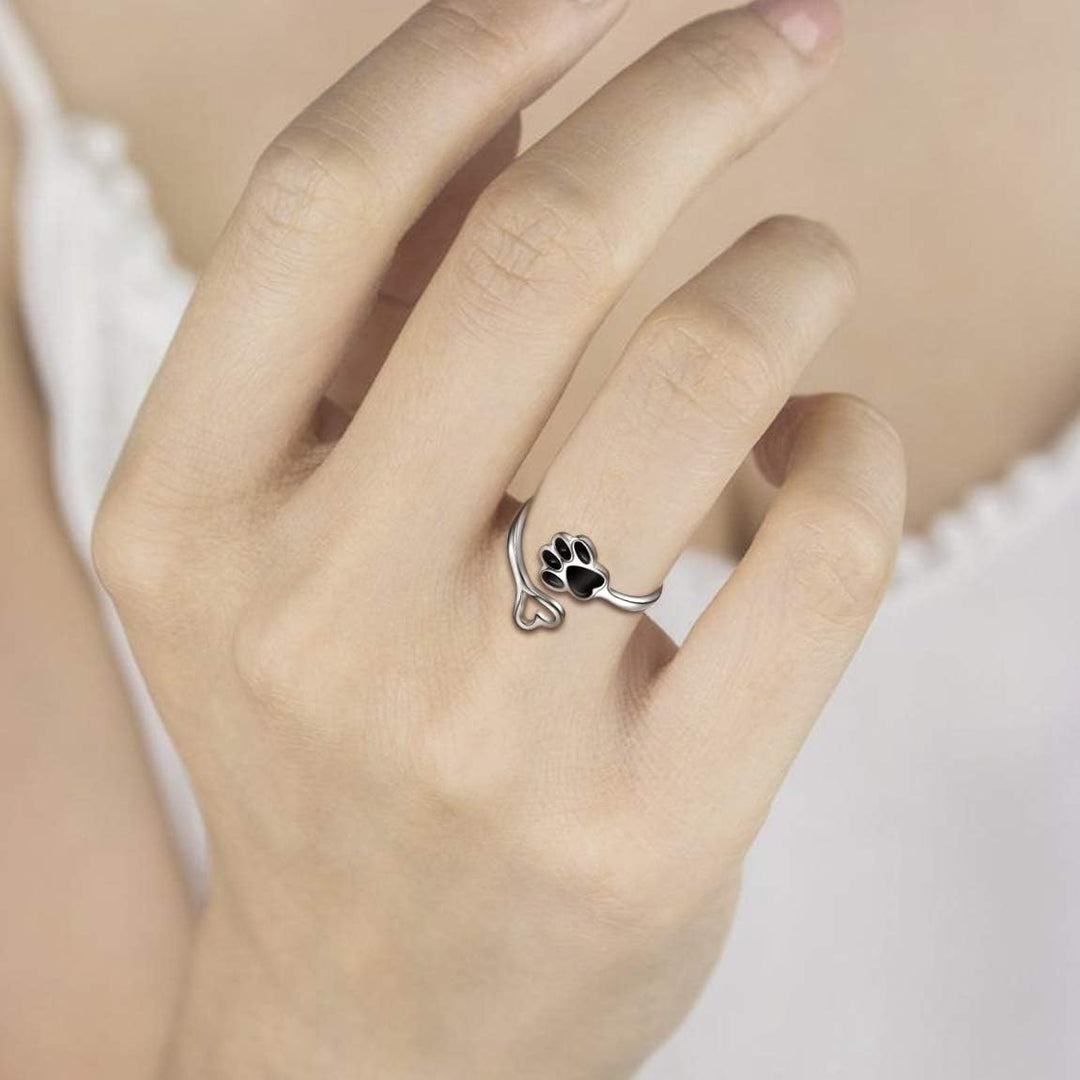 Adjustable 925 Sterling Silver Ring with Paw Print and Artisan Heart