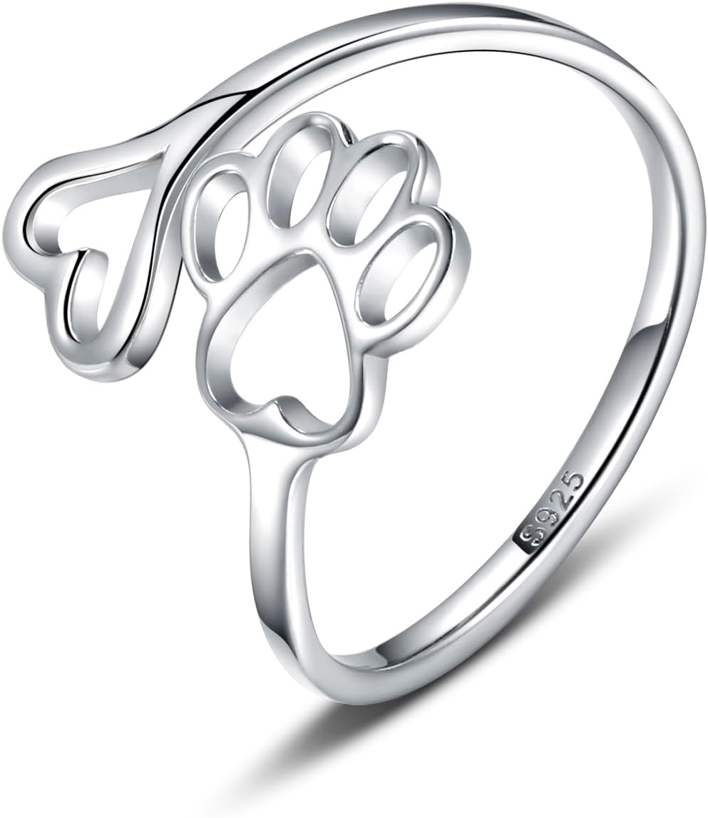 Adjustable 925 Sterling Silver Ring with Paw Print and Artisan Heart