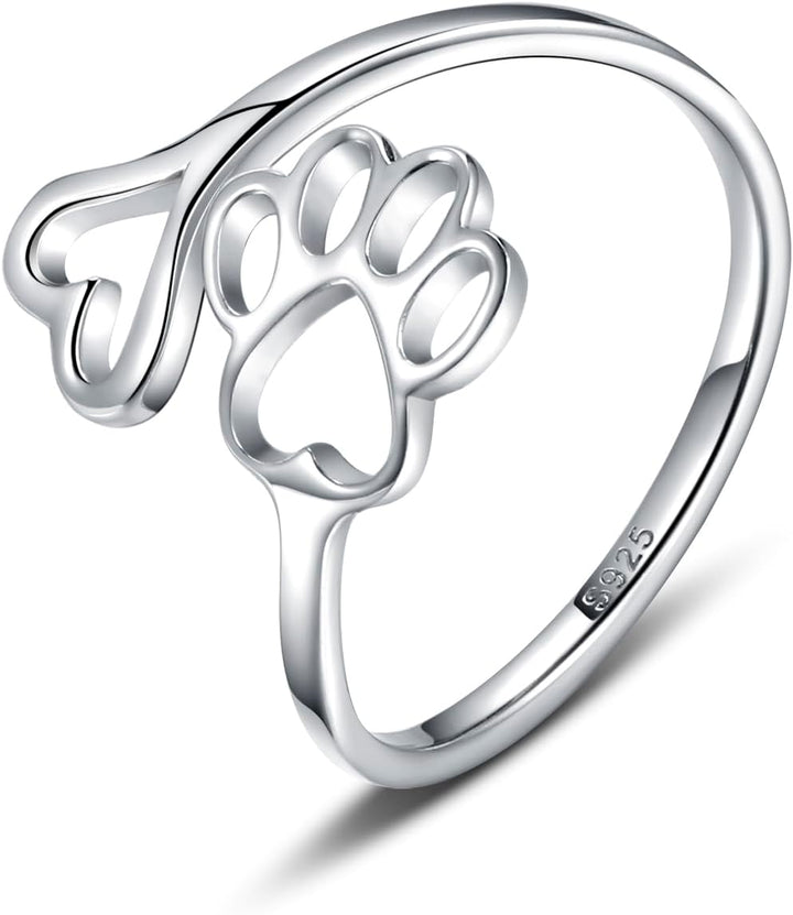 Adjustable 925 Sterling Silver Ring with Paw Print and Artisan Heart