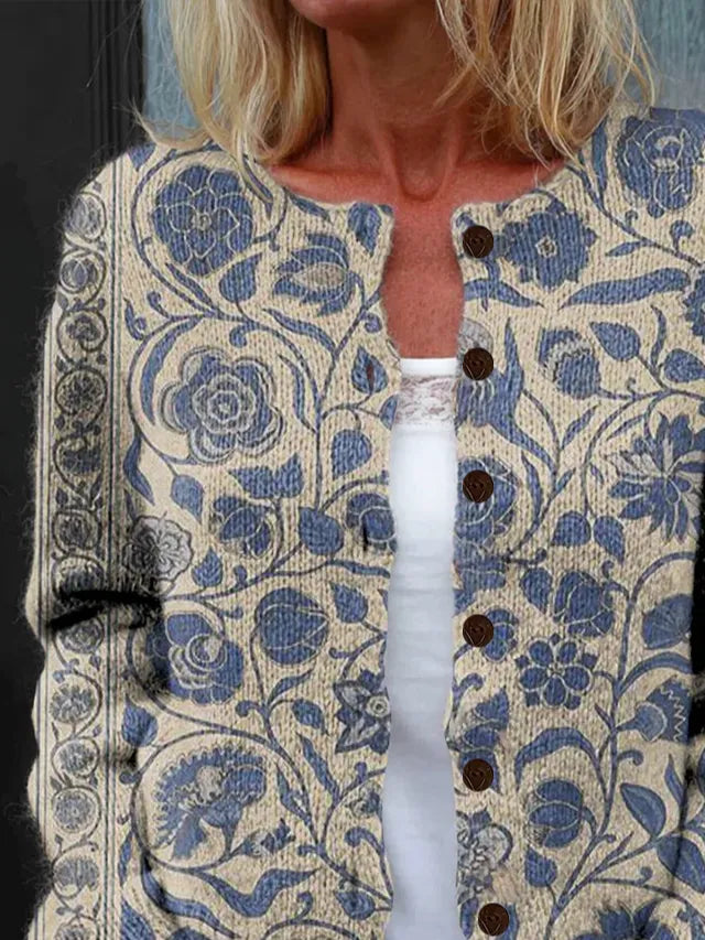 Elegant and comfortable gray cardigan with a beautiful blue floral pattern