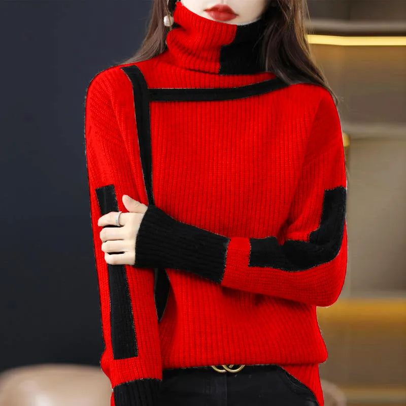 Women's Color Block Turtleneck Sweater for Everyday Wear