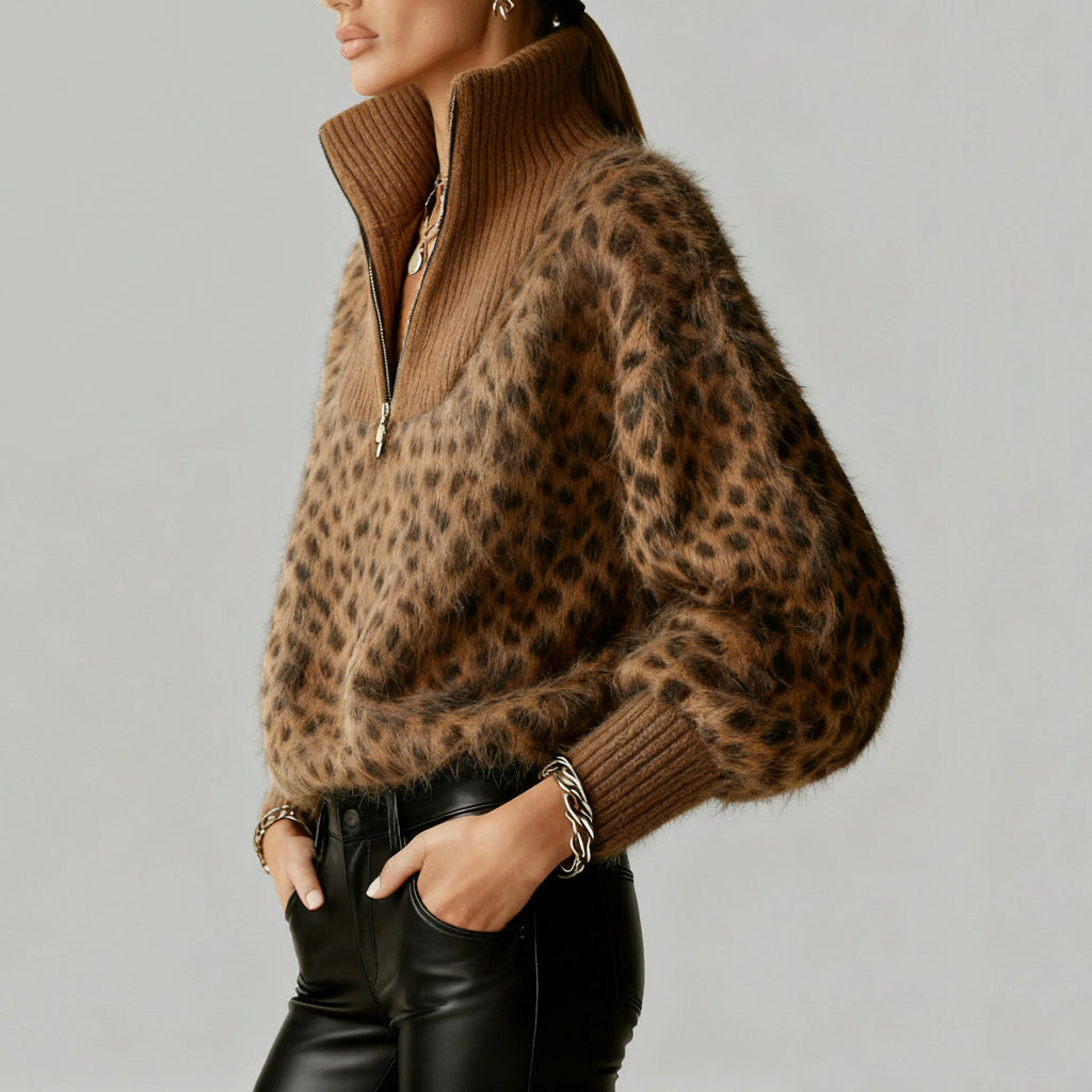 Naola Sweater – Leopard Zip-Up with Puff Sleeves