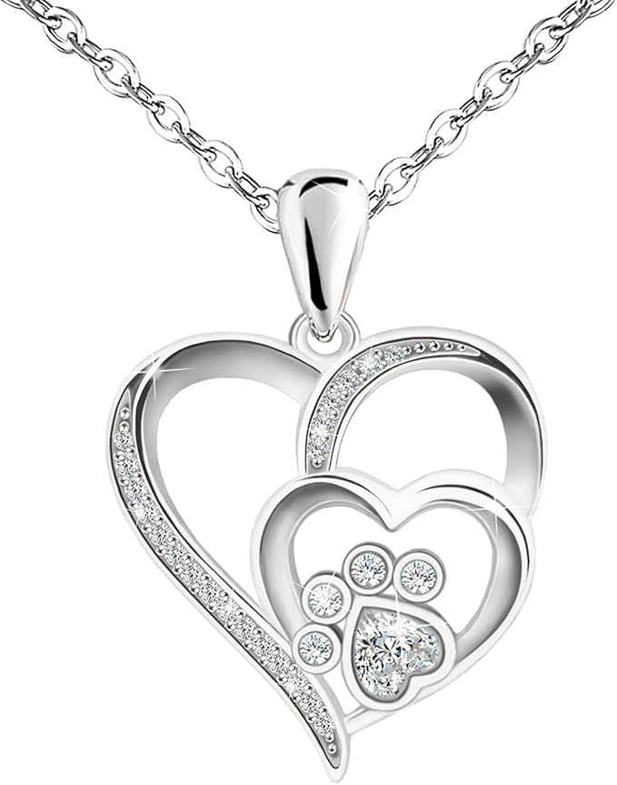 Collar with Pelican for Women – Heart Pendant in Sterling Silver with Paw Print and Zirconia
