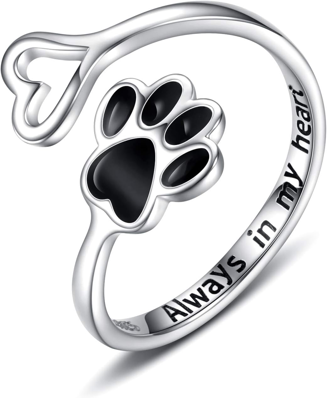 Adjustable 925 Sterling Silver Ring with Paw Print and Artisan Heart