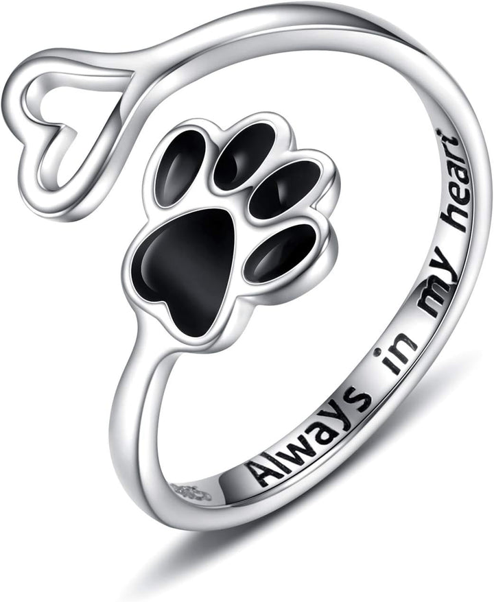 Adjustable 925 Sterling Silver Ring with Paw Print and Artisan Heart