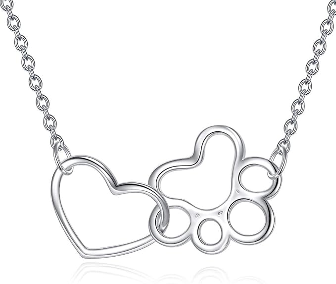 Sterling Silver Paw Print Necklace – Heart Pendant with Crystal and Dog Paw