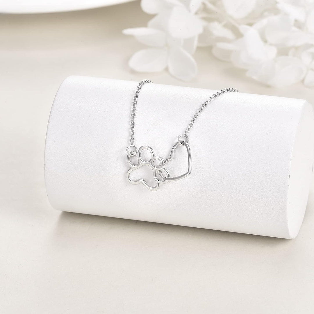 Sterling Silver Paw Print Necklace – Heart Pendant with Crystal and Dog Paw