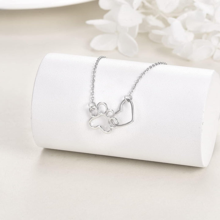 Sterling Silver Paw Print Necklace – Heart Pendant with Crystal and Dog Paw