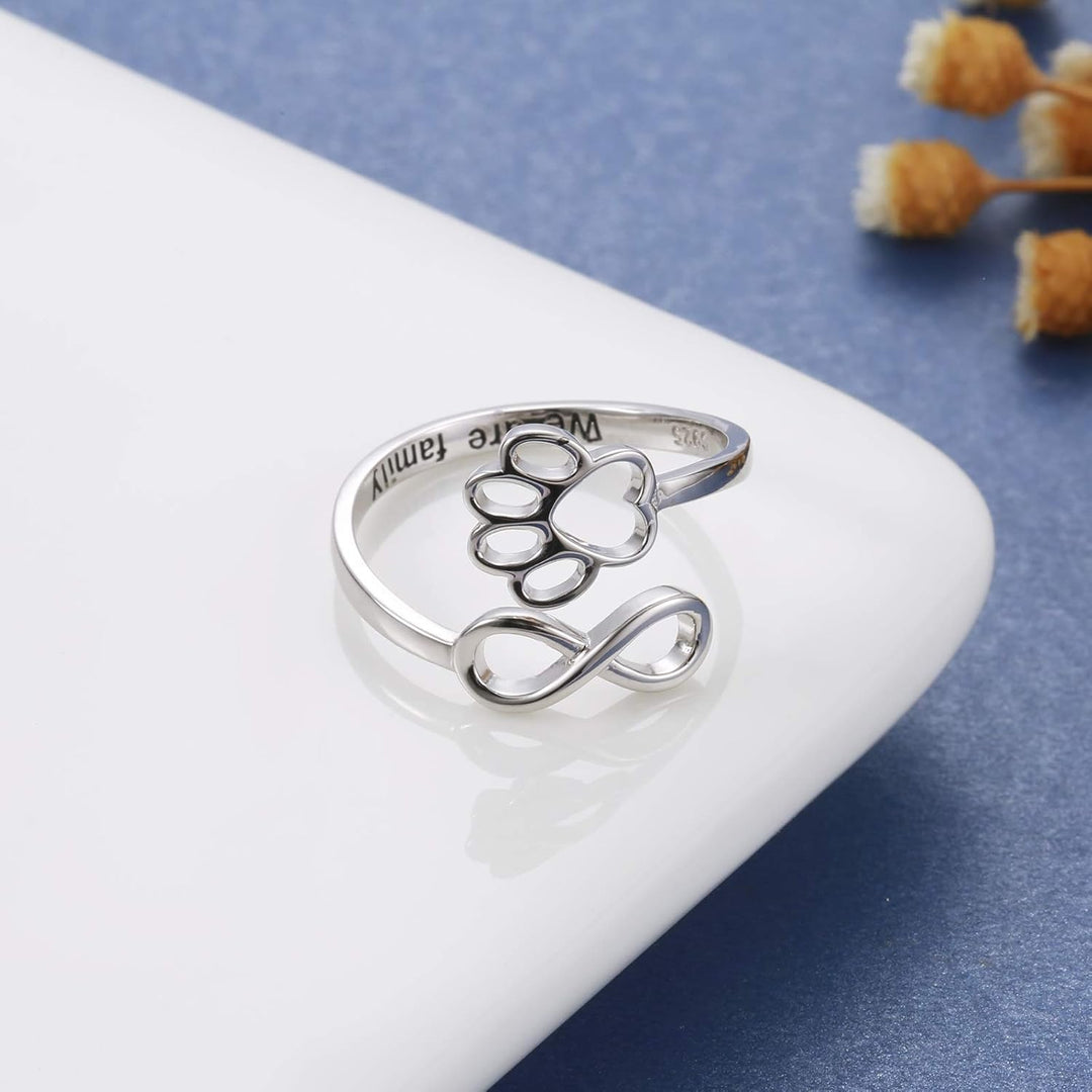 Adjustable 925 Sterling Silver Ring with Paw Print and Artisan Heart