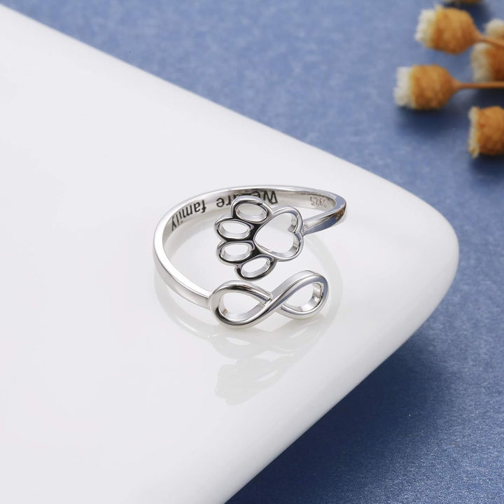 Adjustable 925 Sterling Silver Ring with Paw Print and Artisan Heart