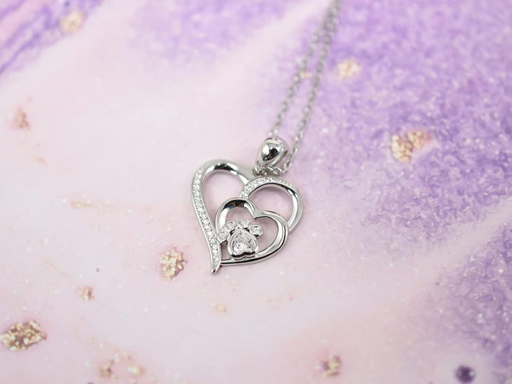 Collar with Pelican for Women – Heart Pendant in Sterling Silver with Paw Print and Zirconia