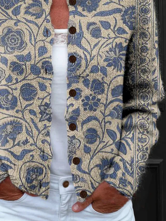 Elegant and comfortable gray cardigan with a beautiful blue floral pattern