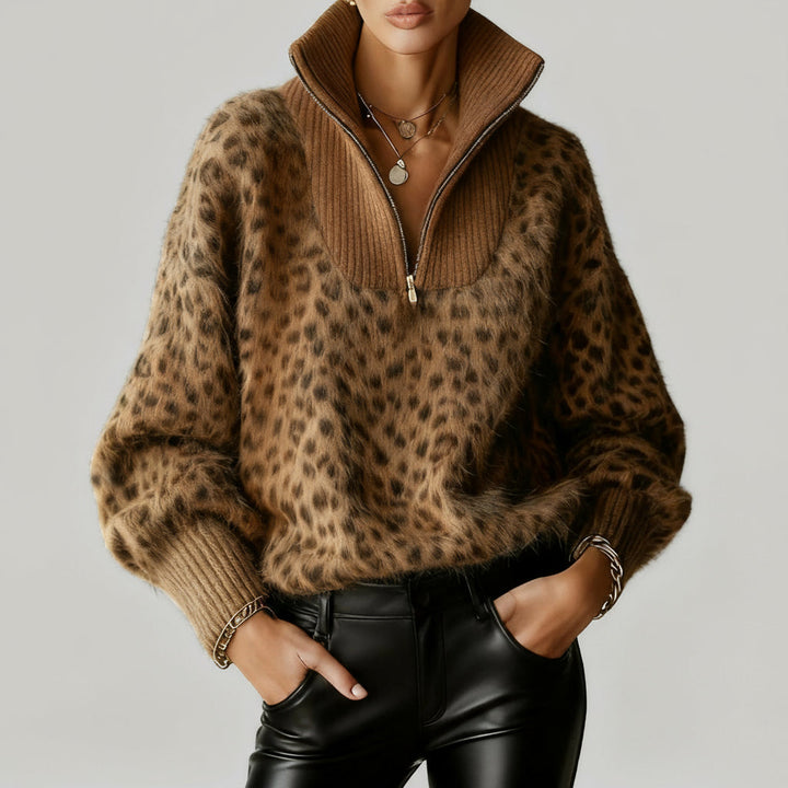 Naola Sweater – Leopard Zip-Up with Puff Sleeves