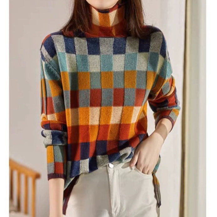 Women's Turtleneck Sweater in Colorful Plaid