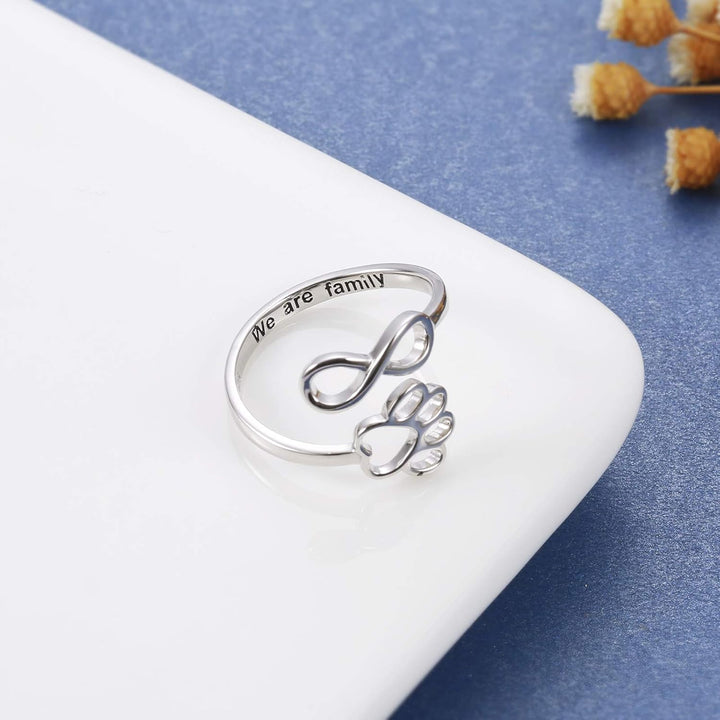 Adjustable 925 Sterling Silver Ring with Paw Print and Artisan Heart