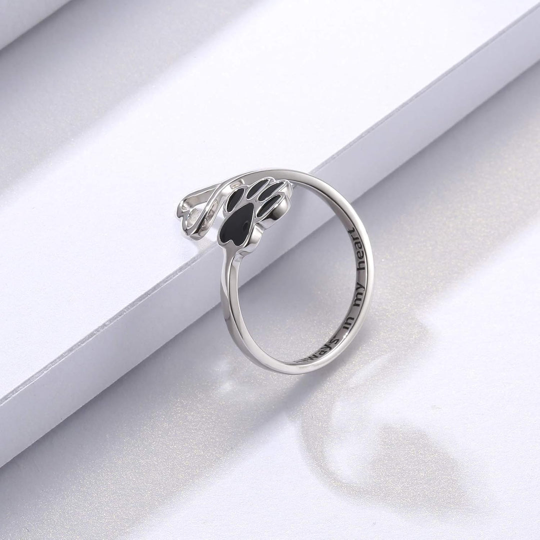 Adjustable 925 Sterling Silver Ring with Paw Print and Artisan Heart
