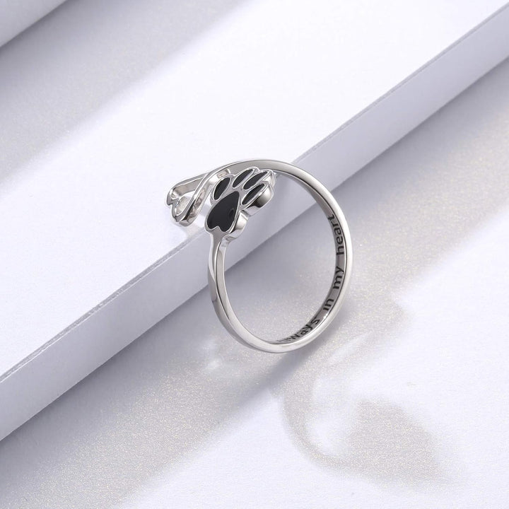 Adjustable 925 Sterling Silver Ring with Paw Print and Artisan Heart