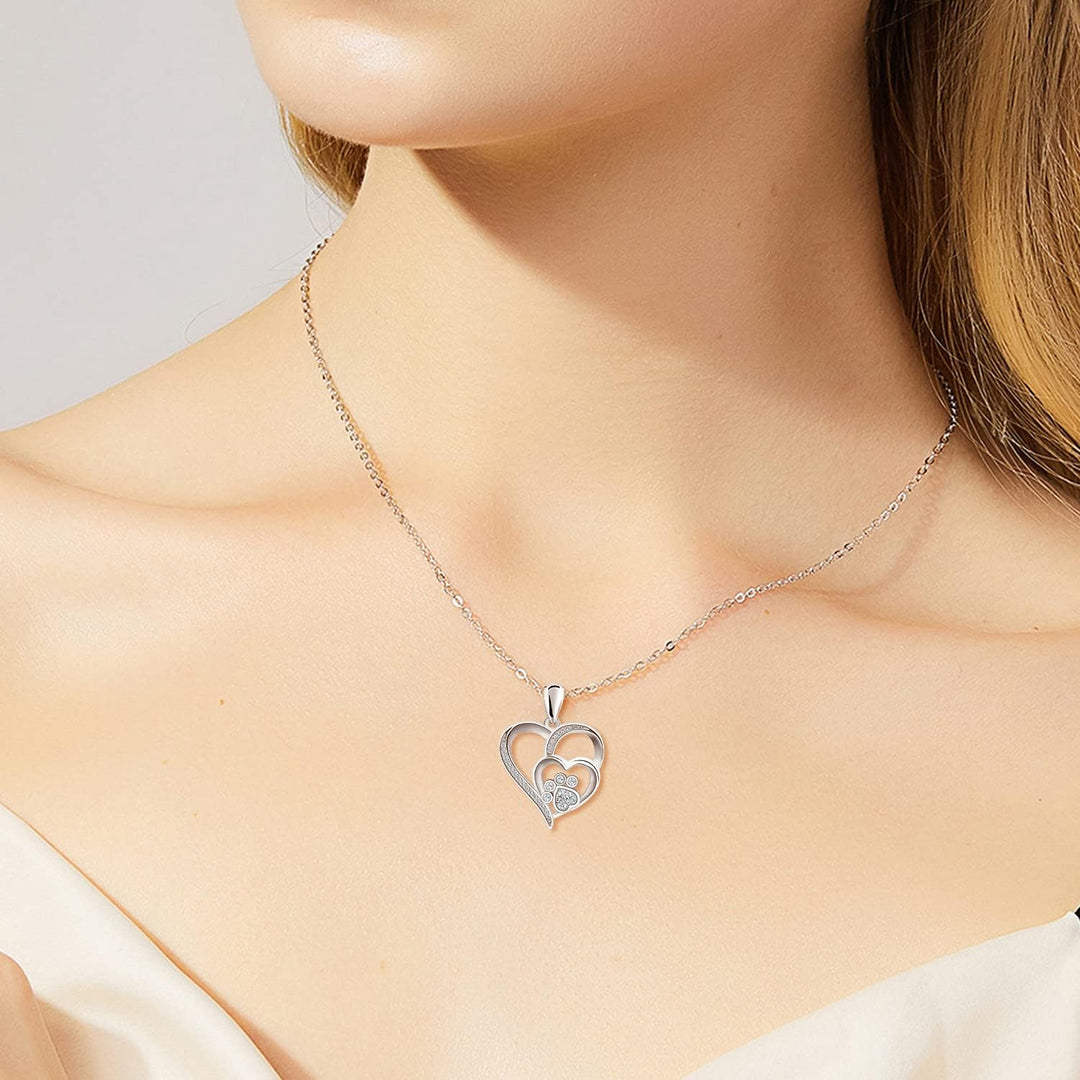 Collar with Pelican for Women – Heart Pendant in Sterling Silver with Paw Print and Zirconia