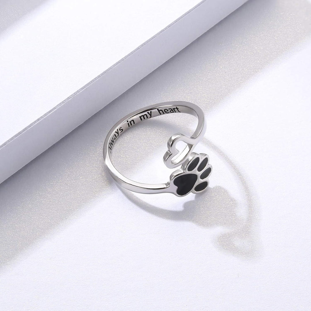 Adjustable 925 Sterling Silver Ring with Paw Print and Artisan Heart