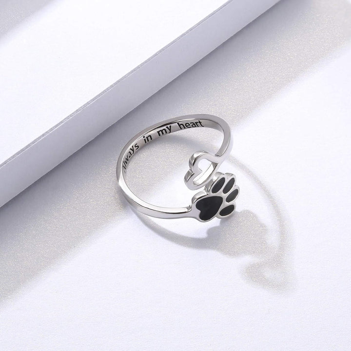 Adjustable 925 Sterling Silver Ring with Paw Print and Artisan Heart