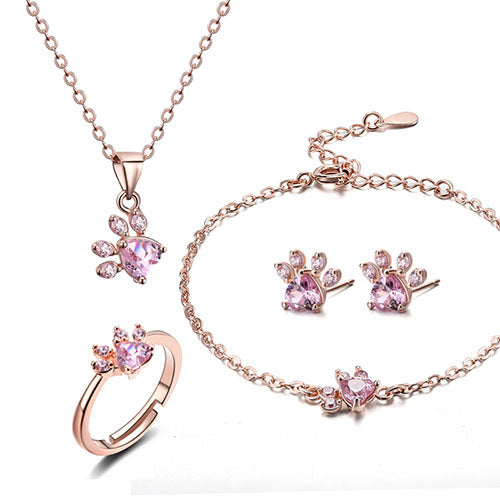 Jewelry Set with Paw Prints for Women – 4 Pieces | Rose Gold with Heart Zirconia – Ring, Necklace, Earrings, and Bracelet