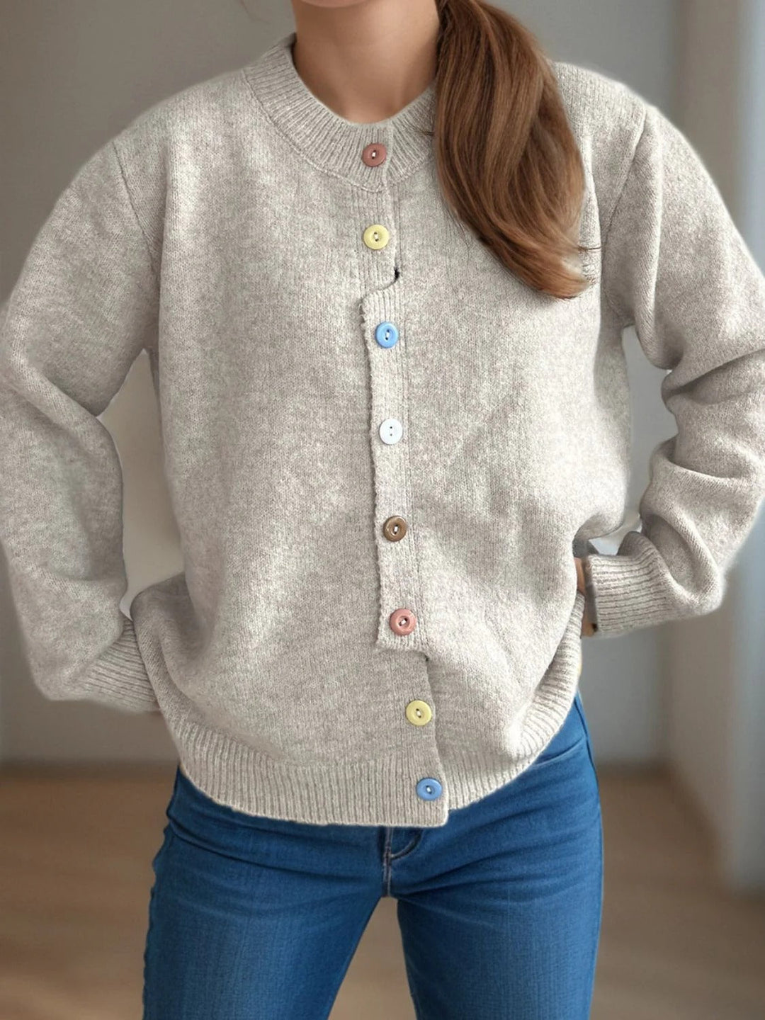 Women's Solid Cardigan Sweater with Colorful Buttons for Everyday Wear