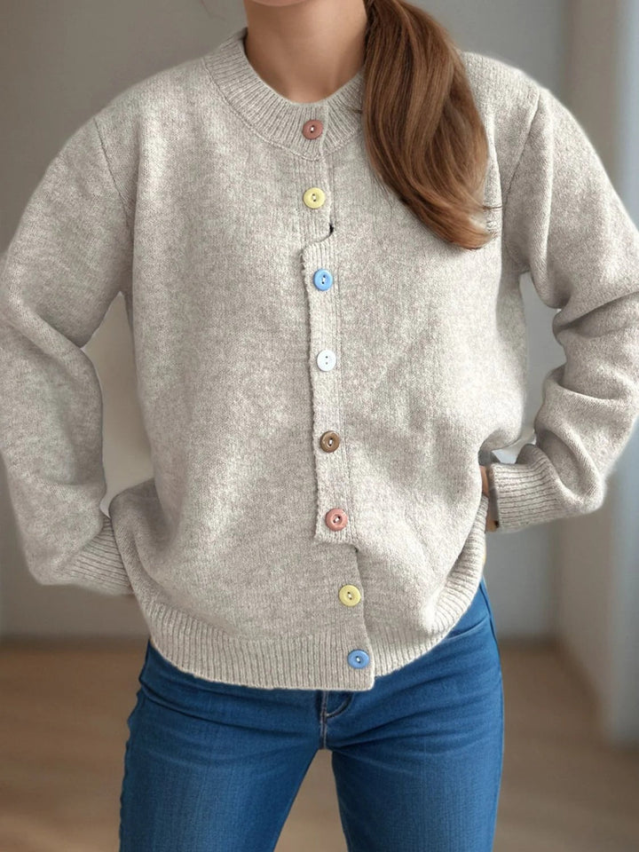 Women's Solid Cardigan Sweater with Colorful Buttons for Everyday Wear
