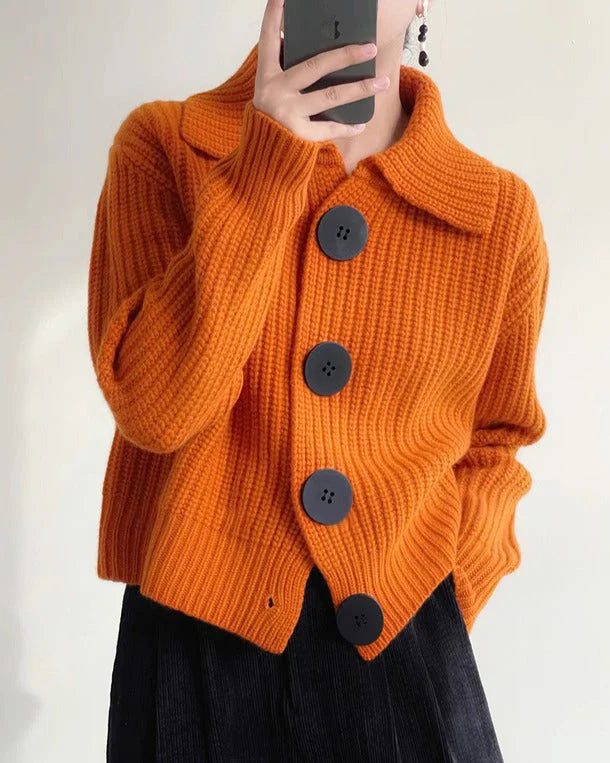 High-quality, heavy cardigan with a lapel collar, loose fit, and large buttons