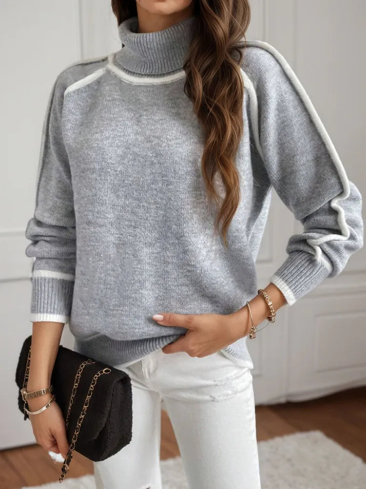 Elegant and Comfortable Long Sleeve Sweater with Turtleneck for Fall and Winter with White Finishing