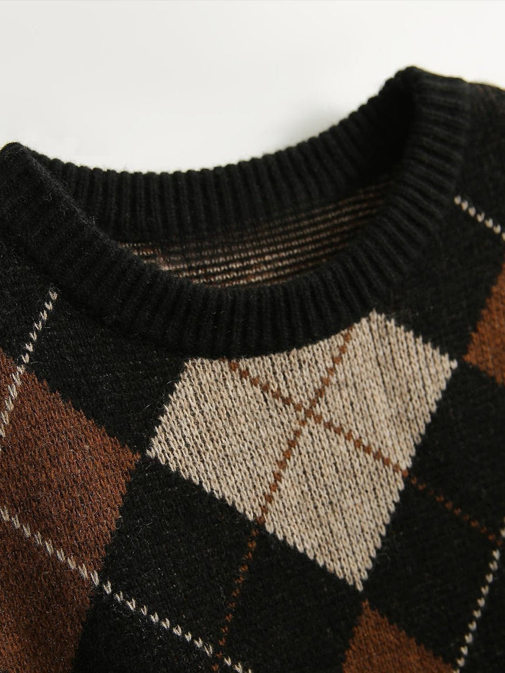 Cashmere Check Sweater with Round Neck