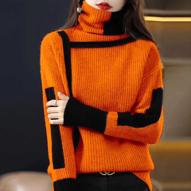 Women's Color Block Turtleneck Sweater for Everyday Wear