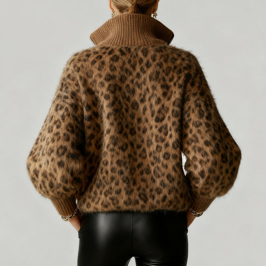 Naola Sweater – Leopard Zip-Up with Puff Sleeves