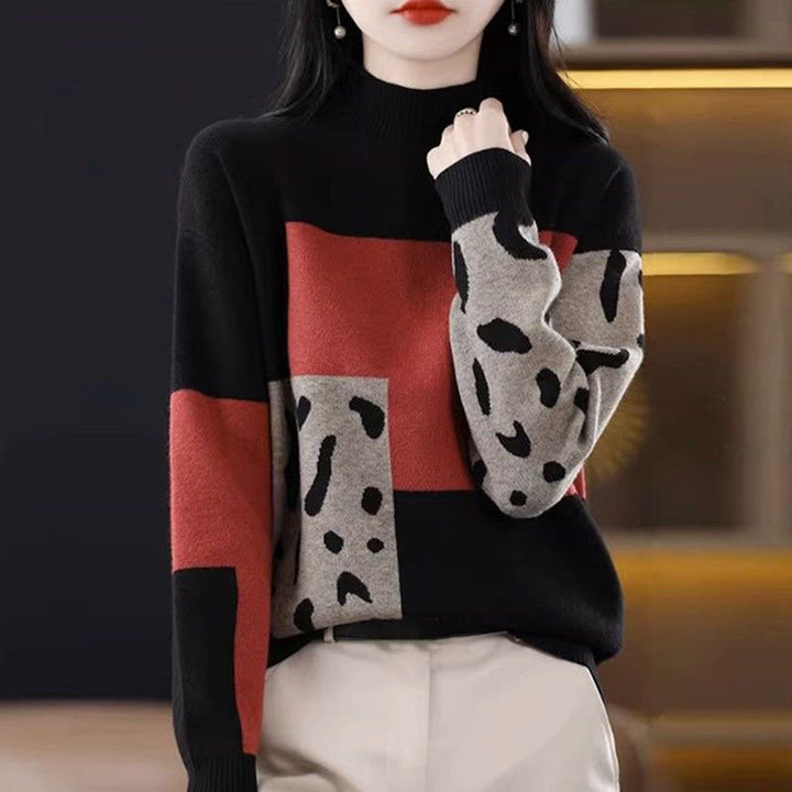 Women's Sweater with Turtleneck and Simple Cashmere Print