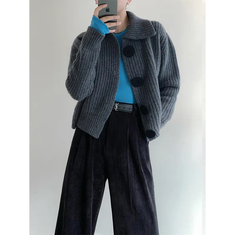 High-quality, heavy cardigan with a lapel collar, loose fit, and large buttons