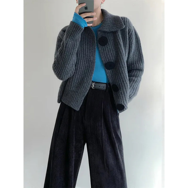 High-quality, heavy cardigan with a lapel collar, loose fit, and large buttons