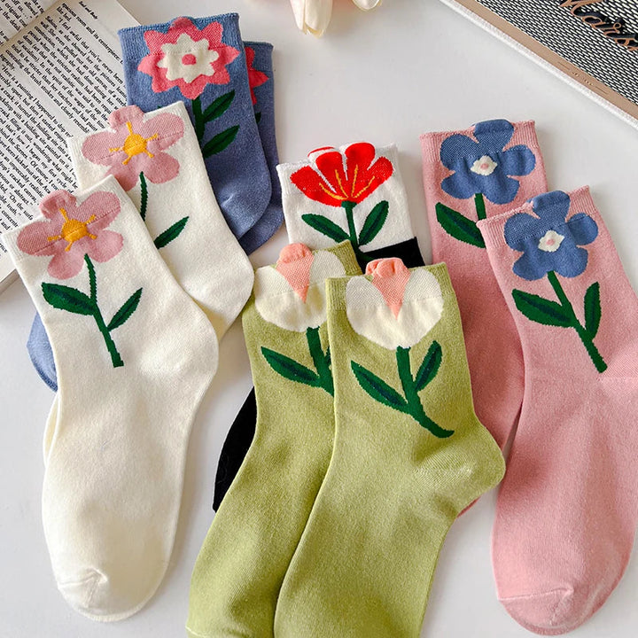 Women's autumn and winter thick, warm, cotton mid-length socks with retro print