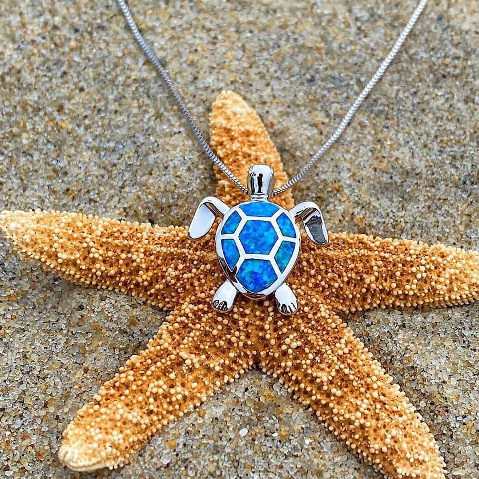 Sea Turtle Set – Silver Necklace and Earrings with Opal