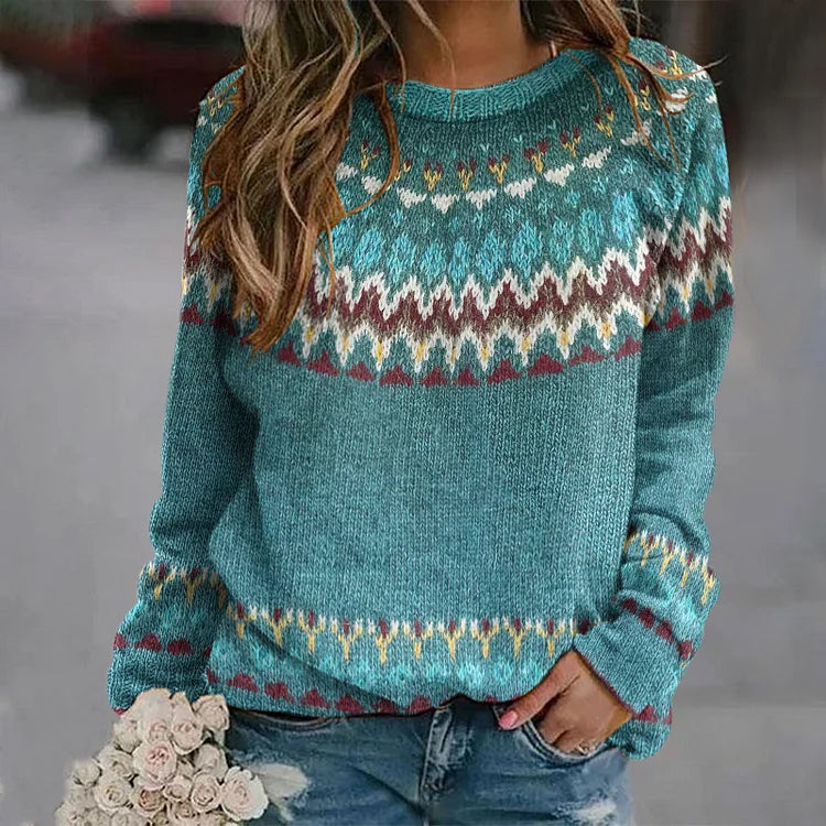 Vintage Style Cashmere Sweater with Wave Print