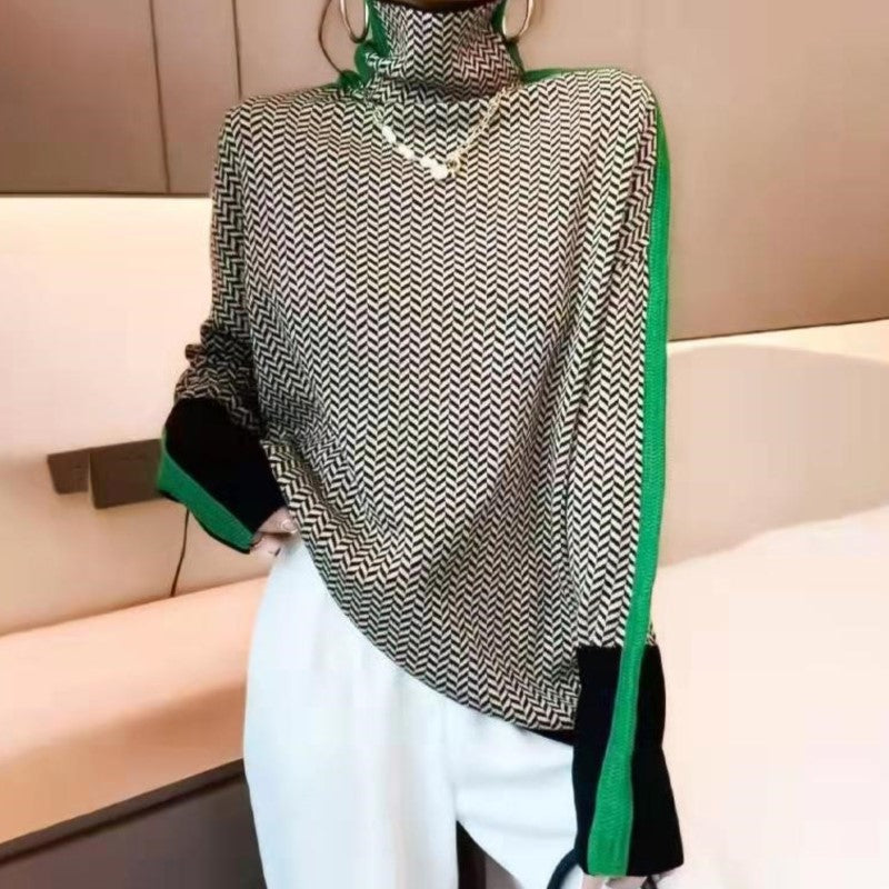 Women's striped sweater with a loose fit, high collar