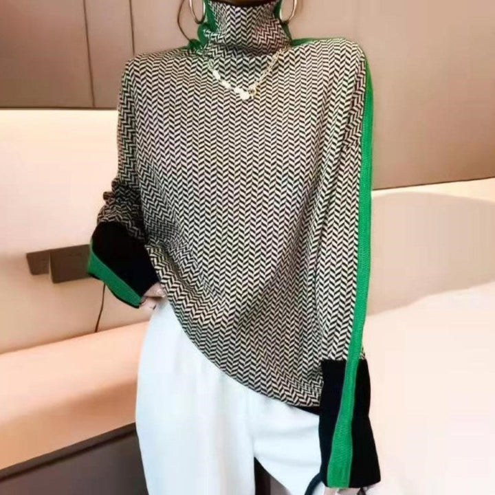 Women's striped sweater with a loose fit, high collar